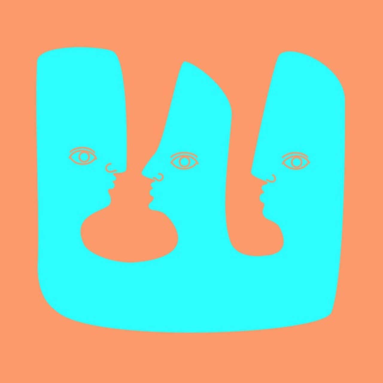 Three cyan profile faces nested together against a warm orange background.