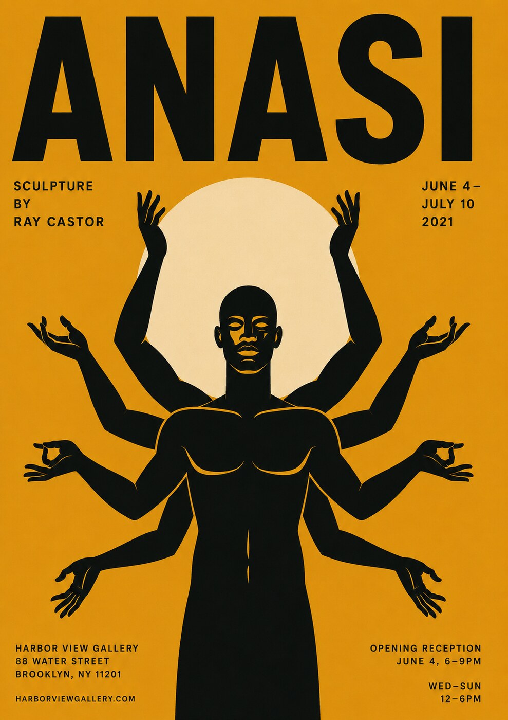 Exhibition poster for Anasi: a many-armed black figure against a pale sun on a golden ochre field.