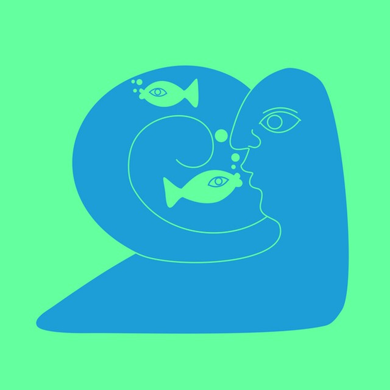 A blue profile face on green whose hair curls into a wave holding two line-drawn fish.