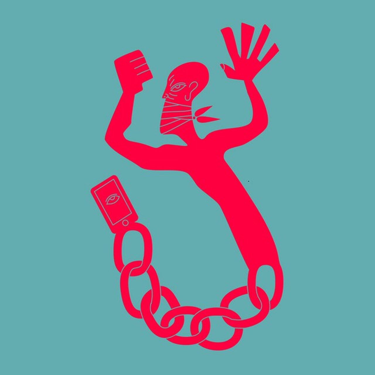 A red figure on teal with arms raised, tethered by a heavy chain to a phone showing a single eye.