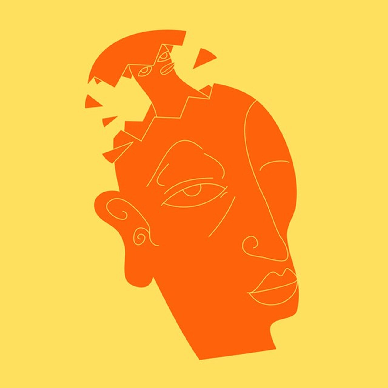 An orange profile head on yellow, the top of the skull breaking open into jagged fragments.