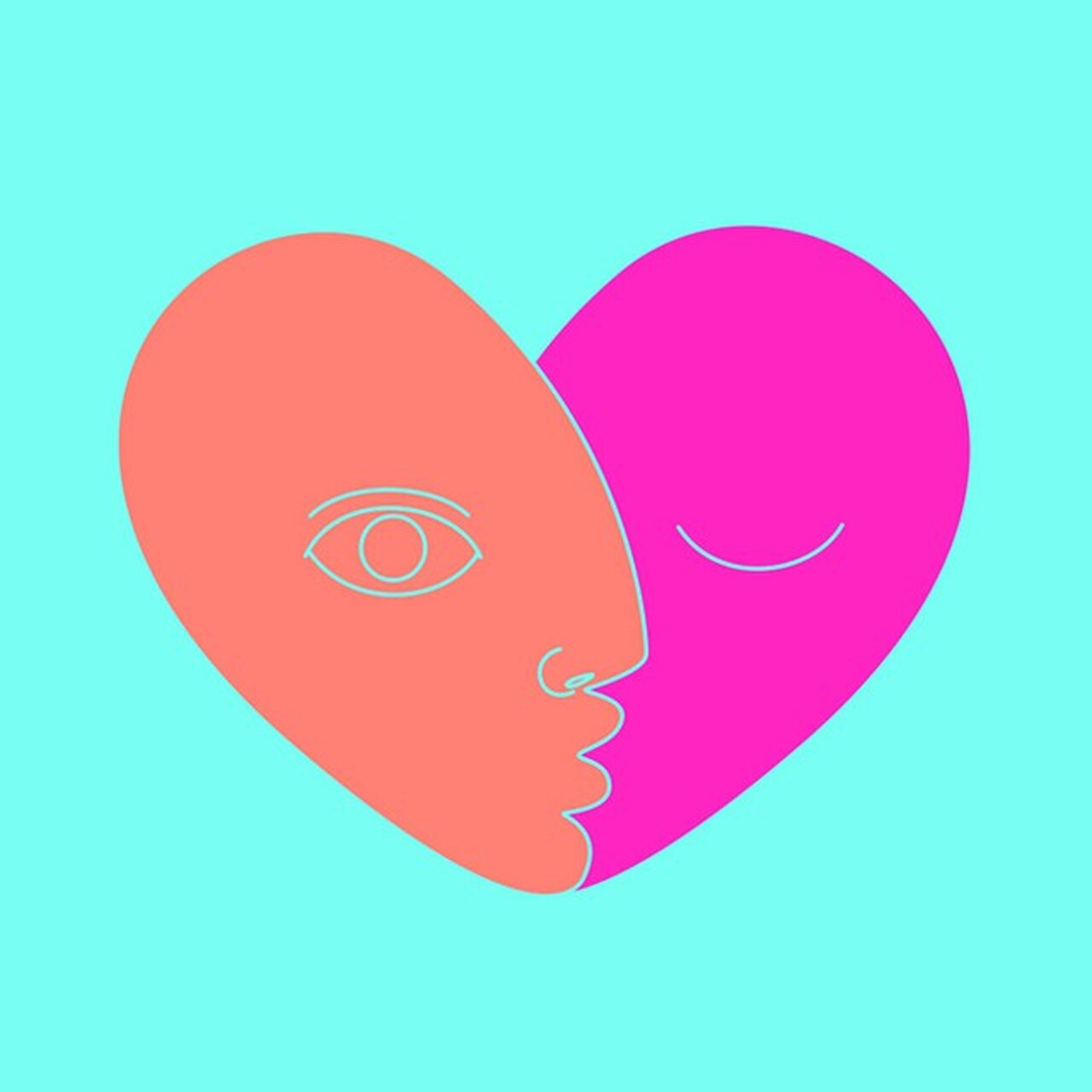 A heart shape formed from two profile faces in coral and magenta on a bright turquoise background.