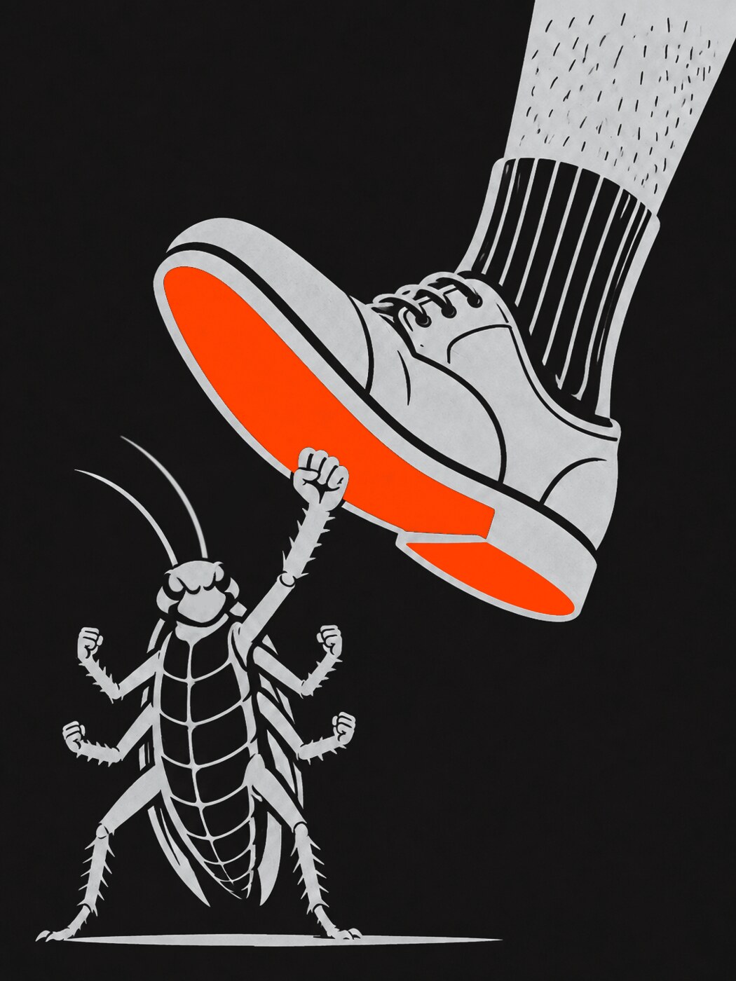 Illustration of a small cockroach raising its fists at a descending dress shoe with a bright orange sole, on black.