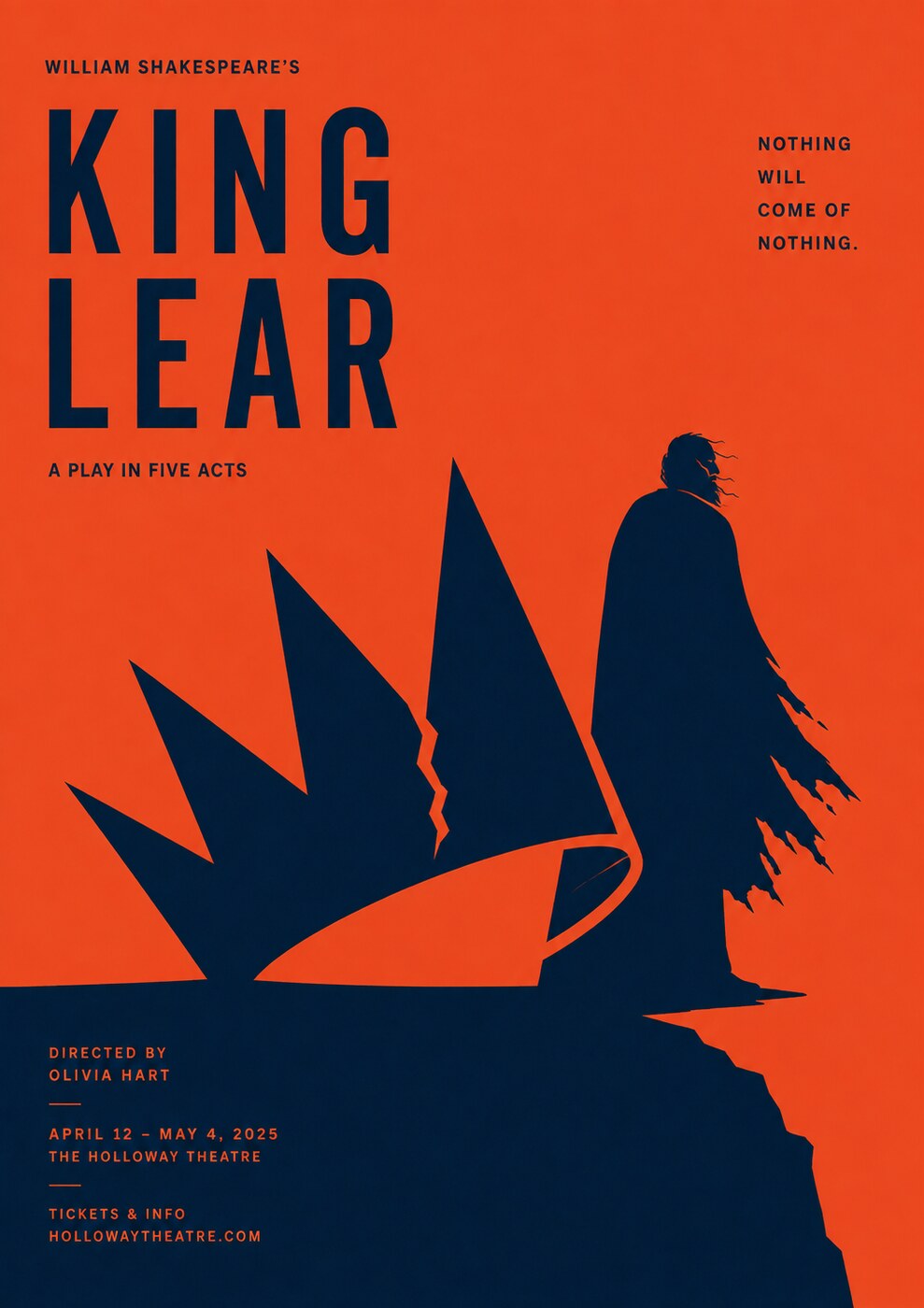 Theatre poster for King Lear: a cloaked figure standing at a cliff edge above a wrecked ship, in navy on bright orange.