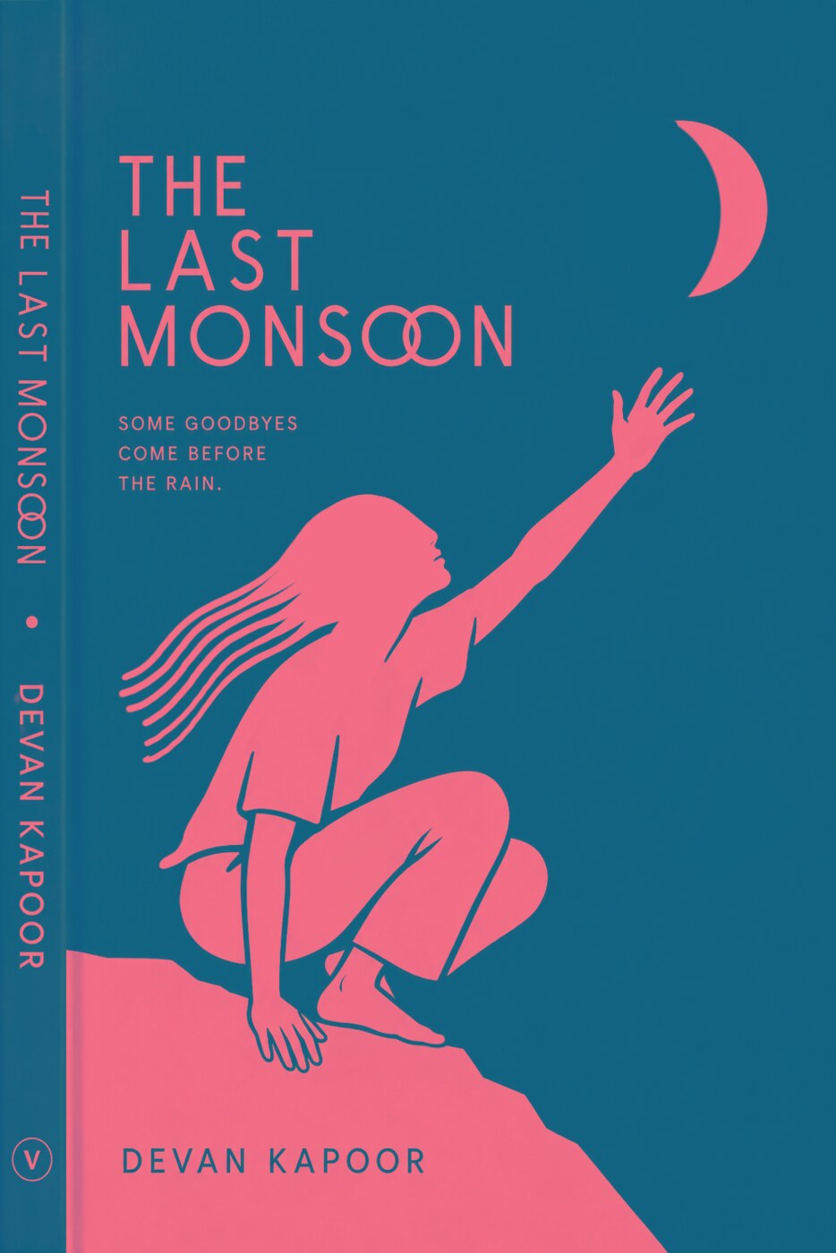 Book cover for The Last Monsoon: a pink figure crouched on a slope reaching toward a crescent moon, on deep teal.