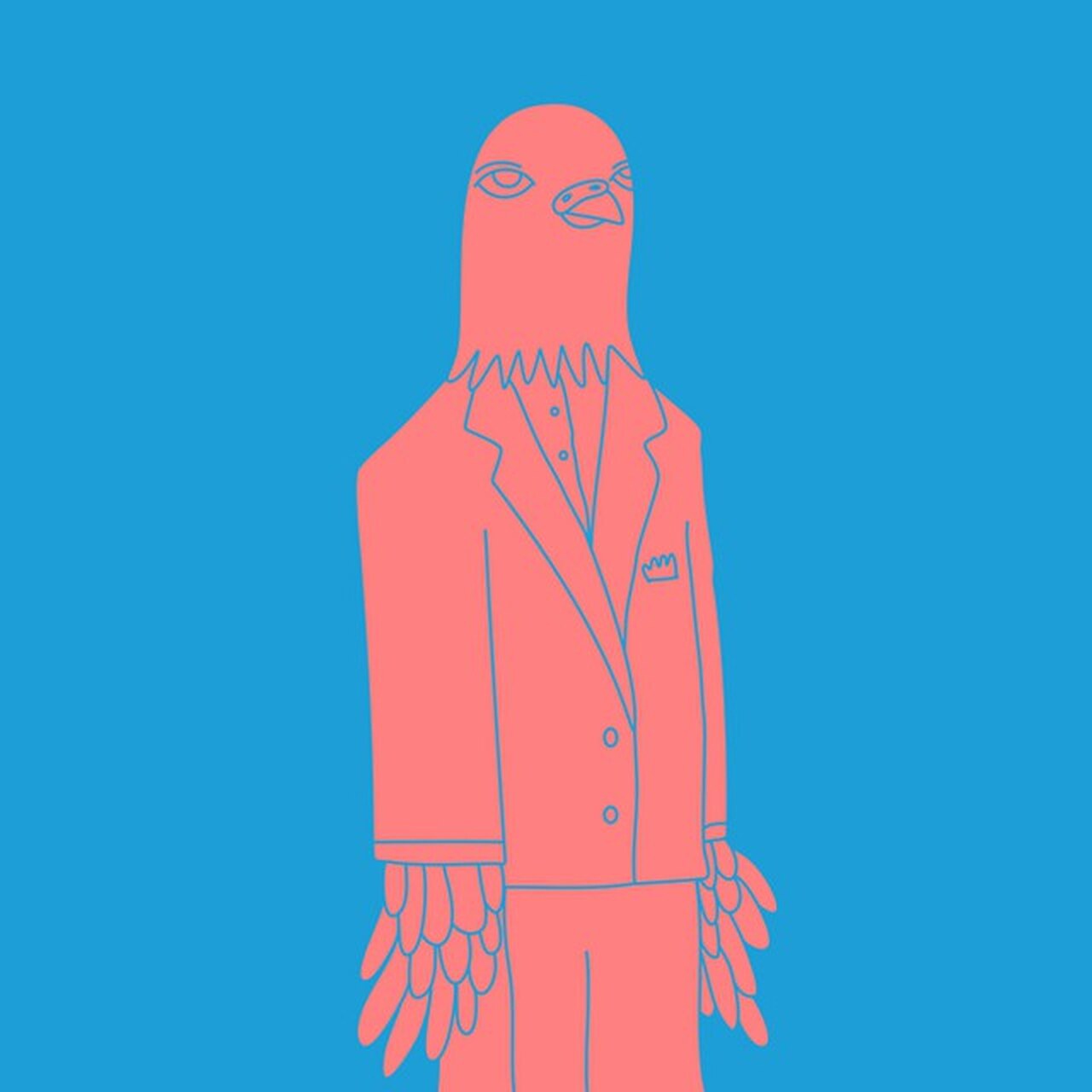 A pink pigeon wearing a tailored suit, standing upright against a bright blue background.