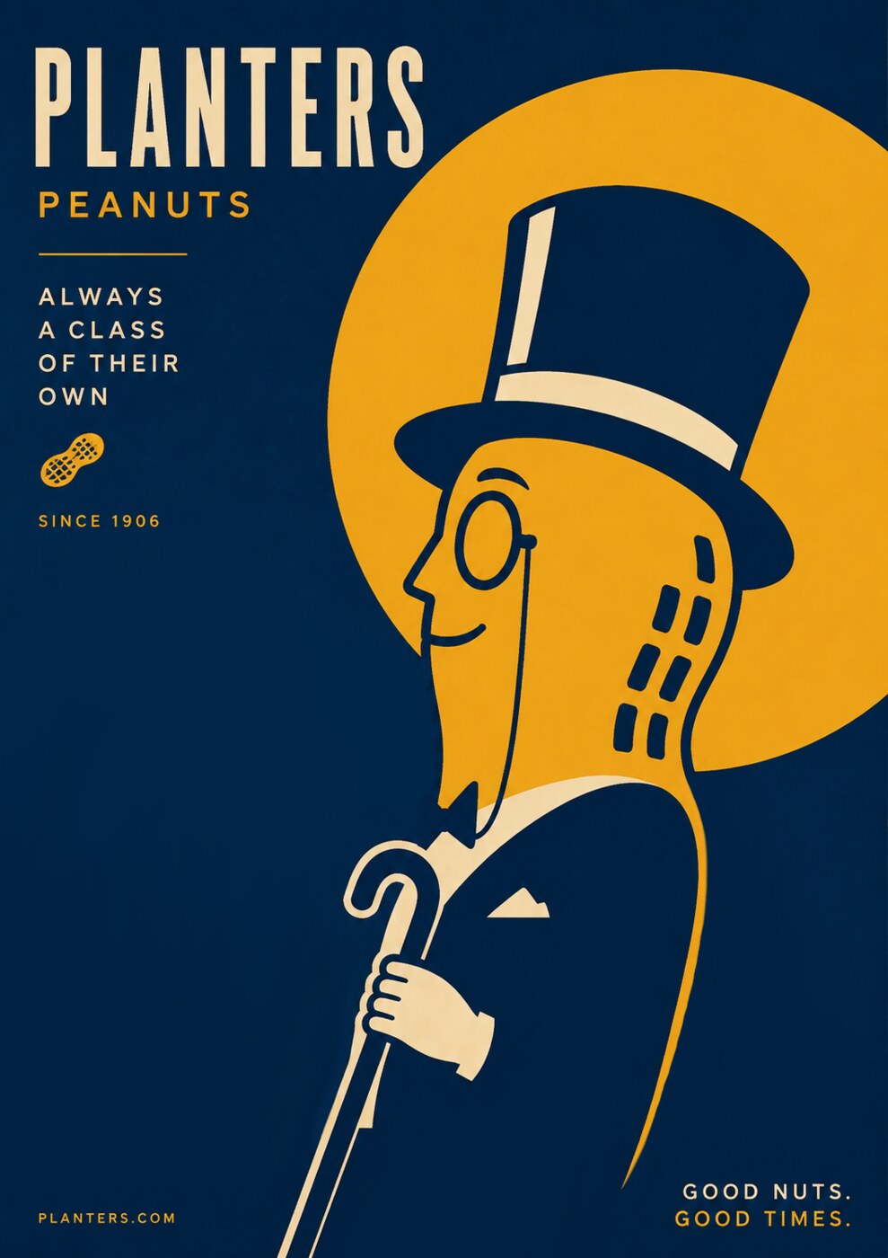 Poster concept of a peanut-shaped figure in a top hat and monocle holding a cane, in yellow and cream on deep navy.