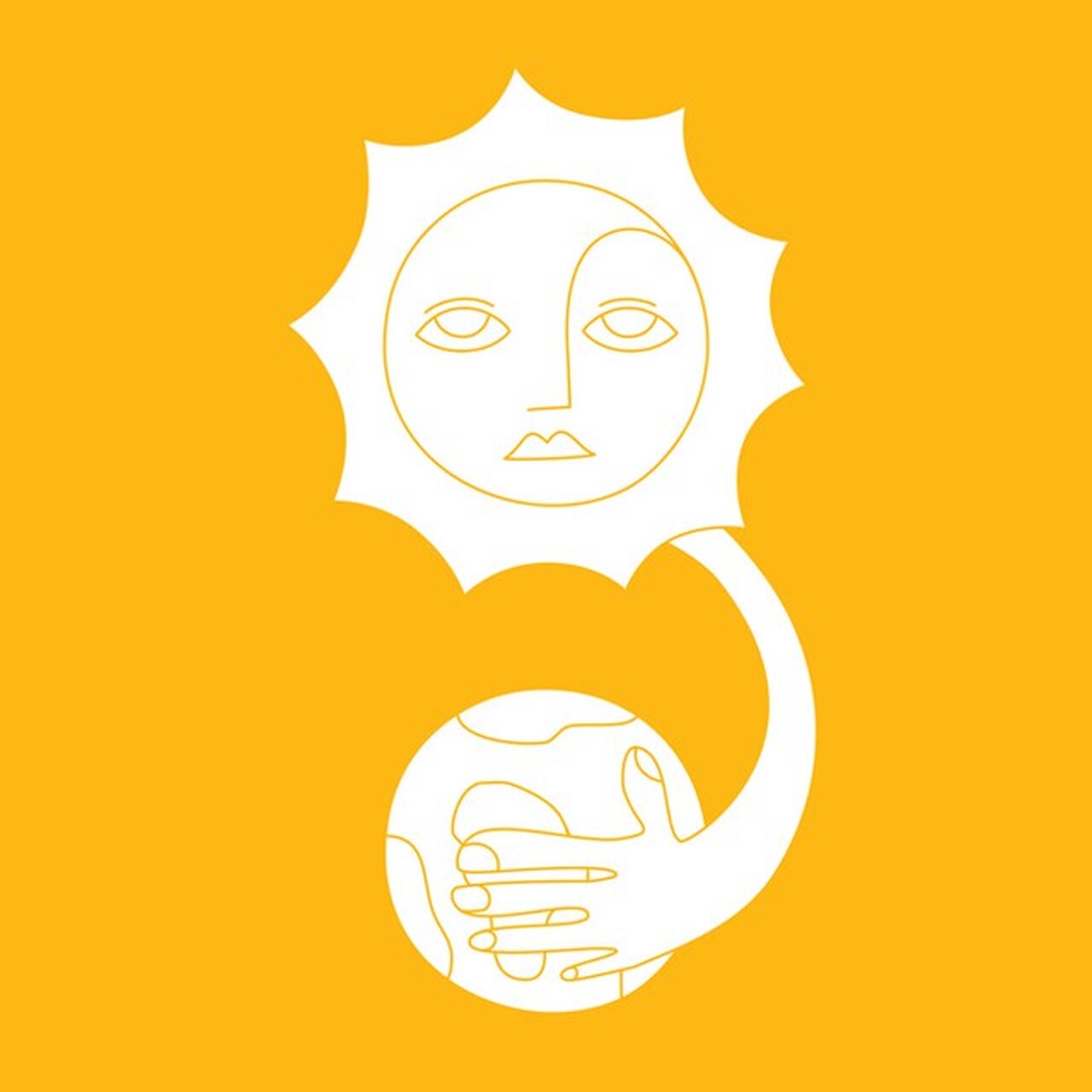 A white line-drawn sun with a calm face above two hands cradling a globe, on a golden yellow field.
