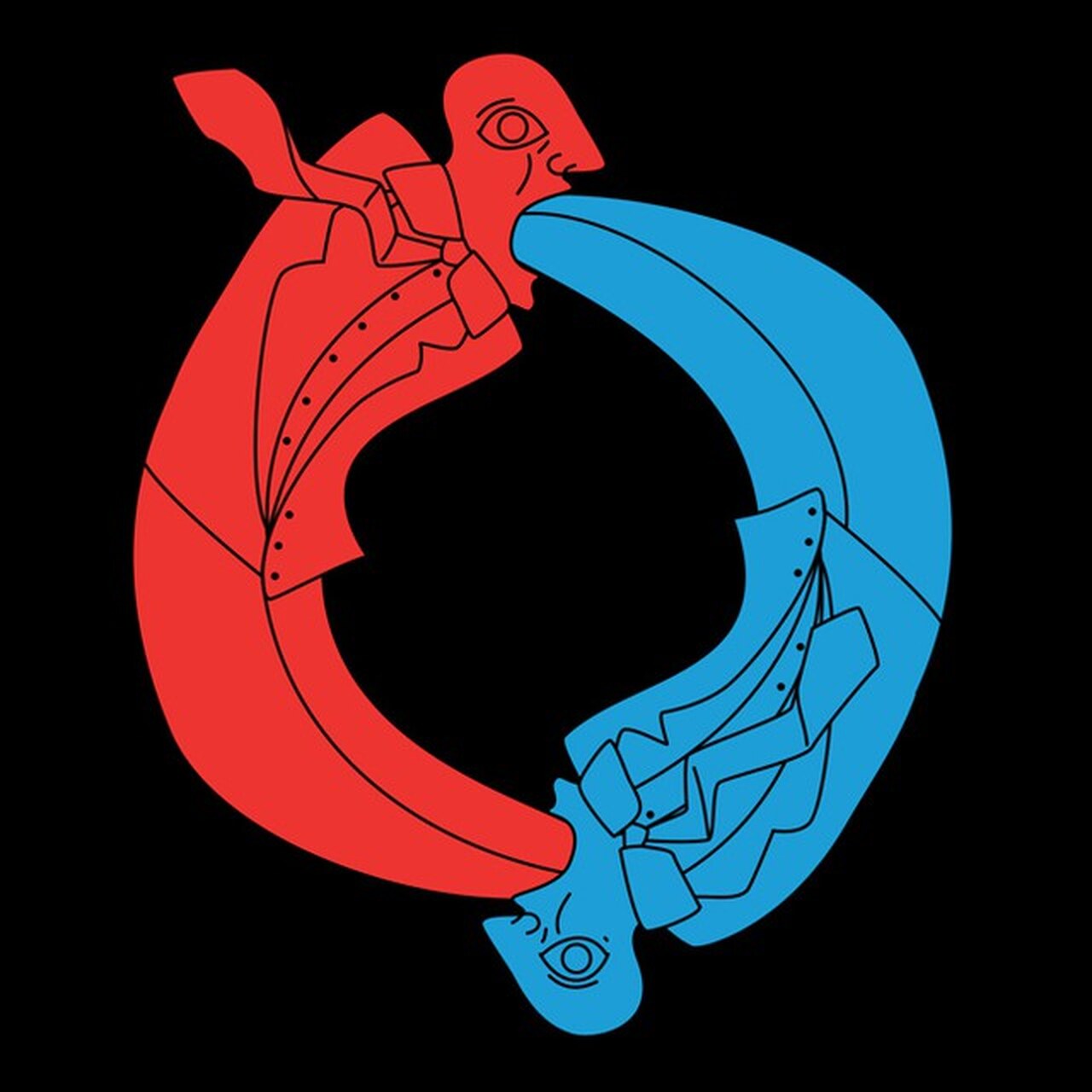 Two profile figures in red and blue curving into a circle, mouth to mouth, on a black background.
